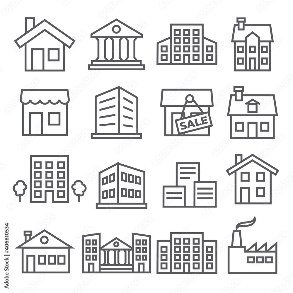 Buildings and Houses Line Icons on white background