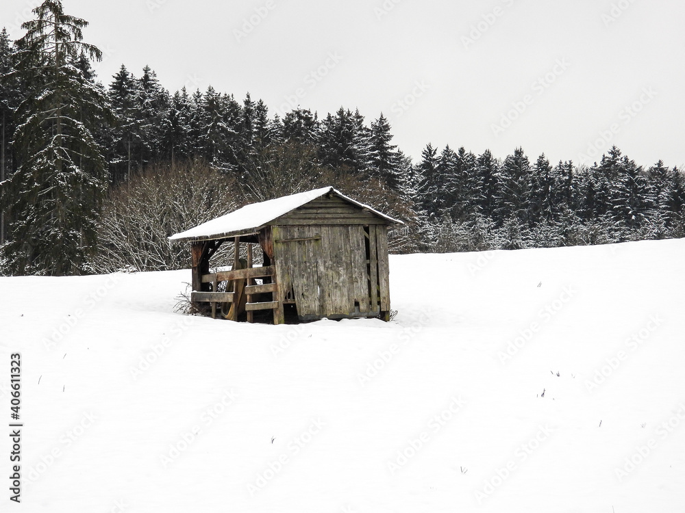 wooden shed in the snow