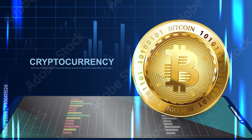Crypto currency Bitcoin. Blue Background Digital Web Money Technology Banner With Copy Space. Vector Illustration