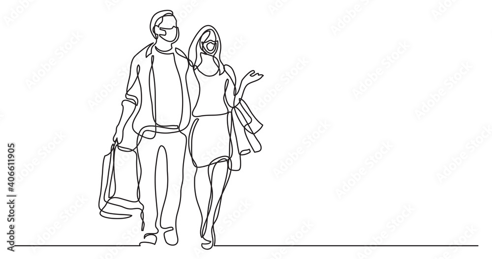 couple wearing face masks shopping - continuous line drawing couple wearing face masks shopping - continuous line drawing