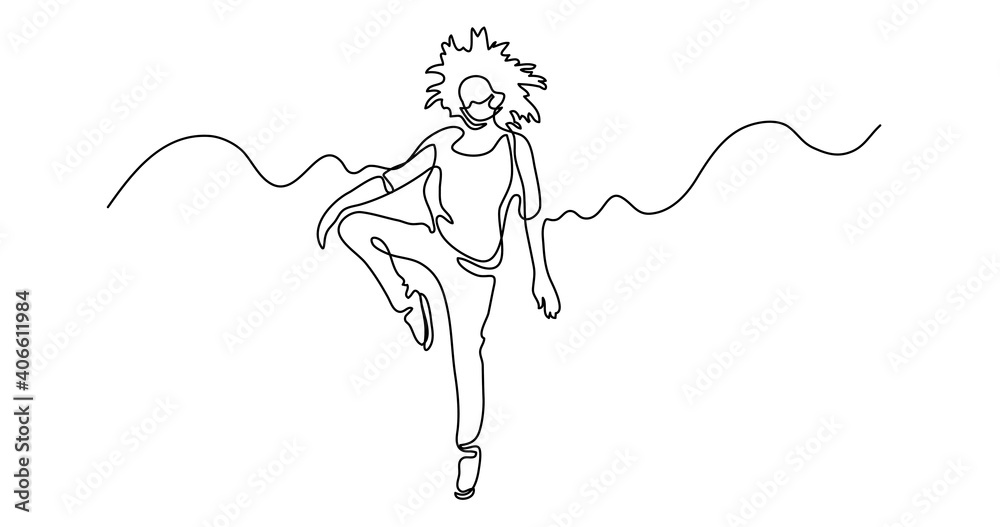 continuous line drawing of dancing woman wearing face mask