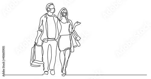 couple wearing face masks shopping - continuous line drawing