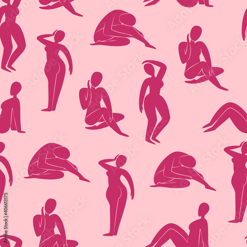 Seamless pattern with naked women in different poses. Simple endless vector illustration