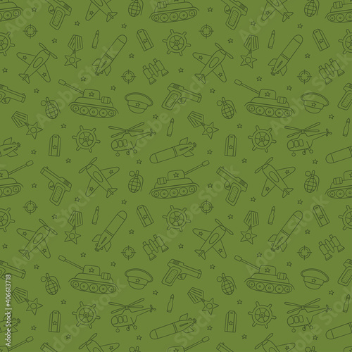 Seamless pattern for Defender of the Fatherland Day 23 february and Victory day 9 may. Hand drawn vector illustration on green background