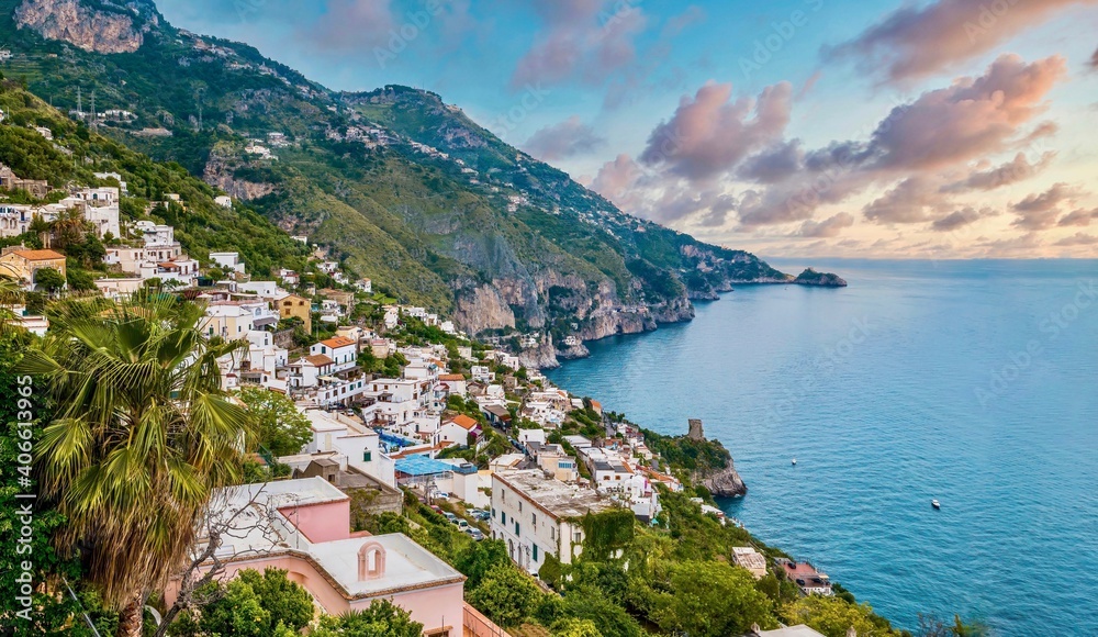 The charming Italian seaside town of Praiano, perched above steep rocky cliffs with magnificent views of the Amalfi Coast.