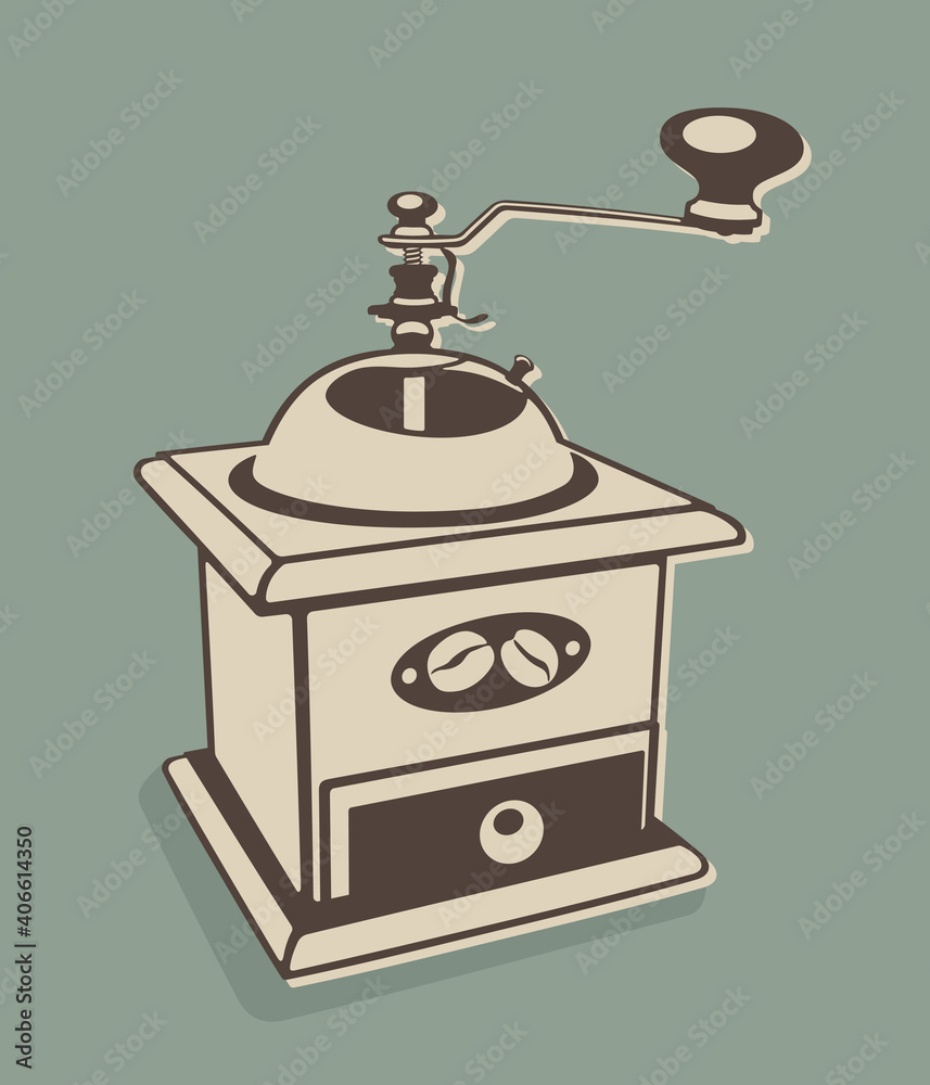 Classic manual coffee grinder for roasted coffee beans. Vector illustration isolated on a green background Classic manual coffee grinder for roasted coffee beans. Vector illustration isolated on a green background