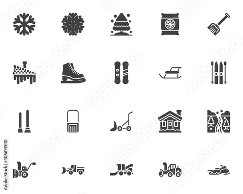 Winter related vector icons set, modern solid symbol collection, filled style pictogram pack. Signs logo illustration. Set includes icons - snowflake, Christmas tree, snowy house, snow removal machine