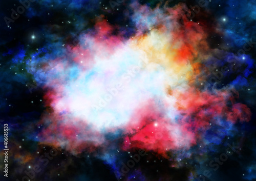 Fototapeta Naklejka Na Ścianę i Meble -  巨大な赤い星雲と輝く星の宇宙背景イラスト
