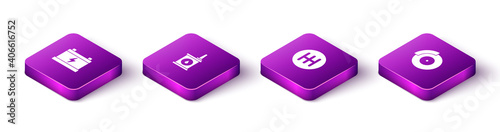 Set Isometric Car battery, Canister for motor oil, Gear shifter and brake disk with caliper icon. Vector.