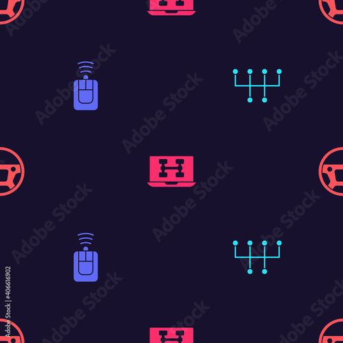 Set Gear shifter, Car key with remote, Diagnostics condition of car and Steering wheel on seamless pattern. Vector.