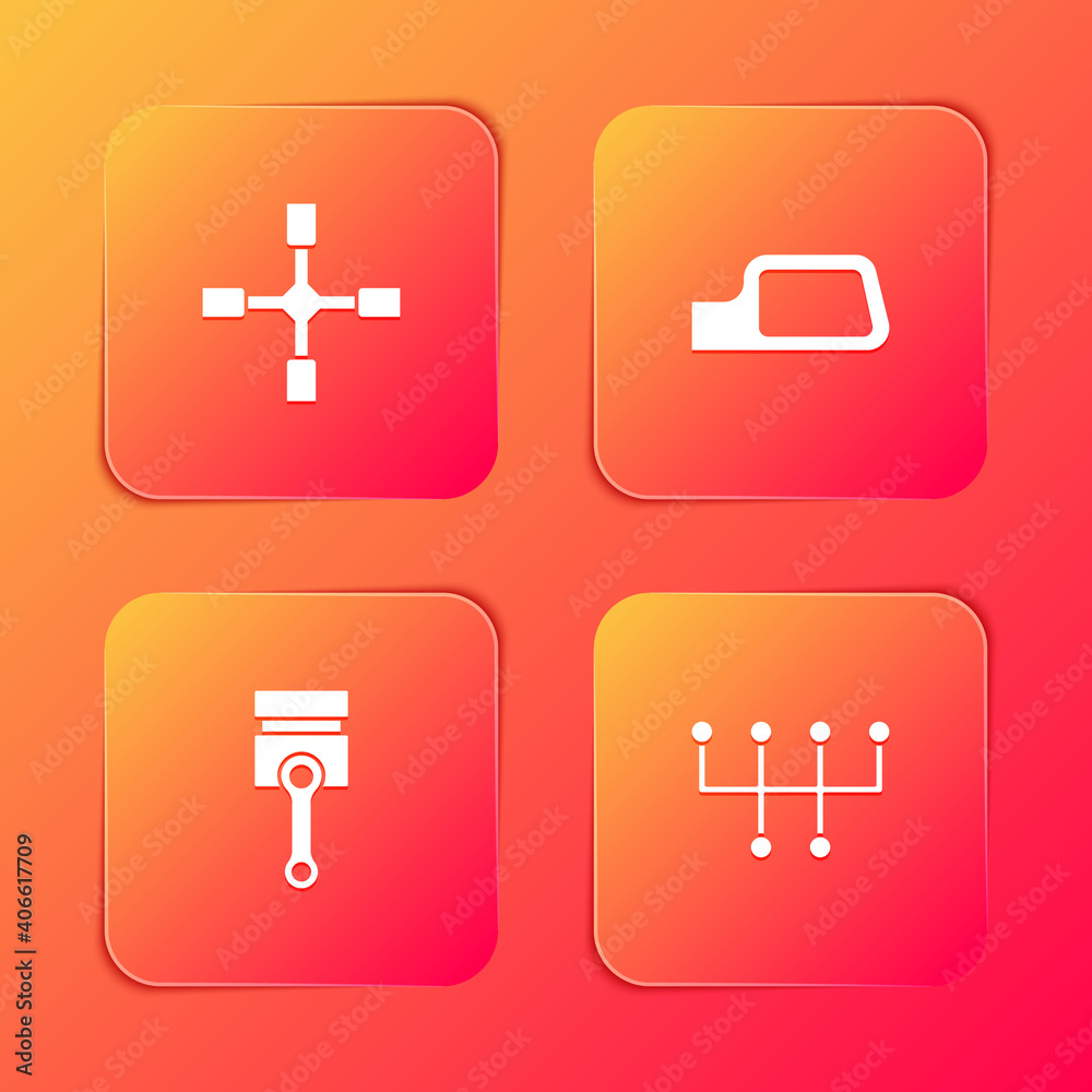 Set Wheel wrench, Car mirror, Engine piston and Gear shifter icon. Vector. Set Wheel wrench, Car mirror, Engine piston and Gear shifter icon. Vector.