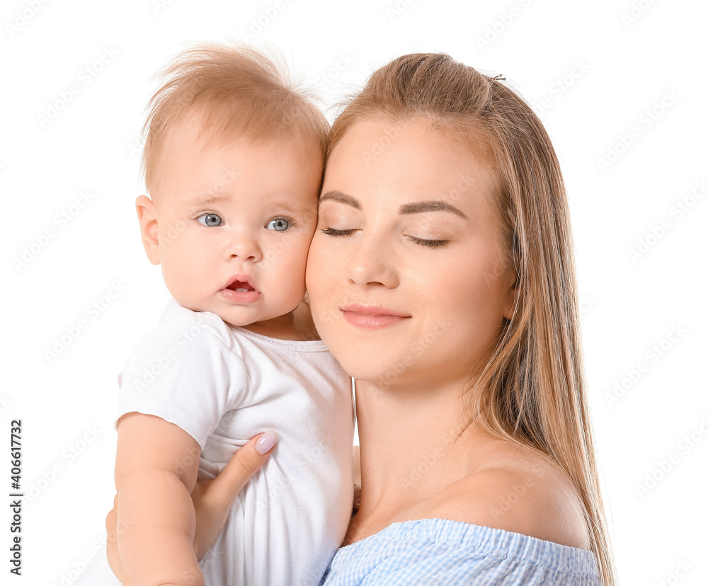 Happy mother with cute little baby on white background