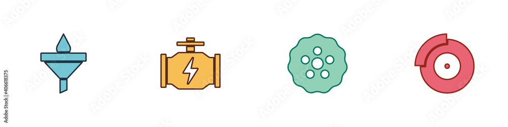 Set Funnel and oil drop, Check engine, Gear and Car brake disk with caliper icon. Vector. Set Funnel and oil drop, Check engine, Gear and Car brake disk with caliper icon. Vector.