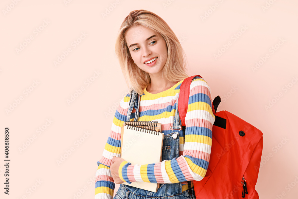Female student on color background Female student on color background
