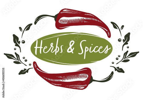 Herbs and spices, emblem with peppers and leaves