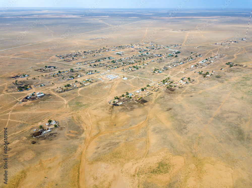 Desert Landscape. A village or small town in a desert area. Aerial view