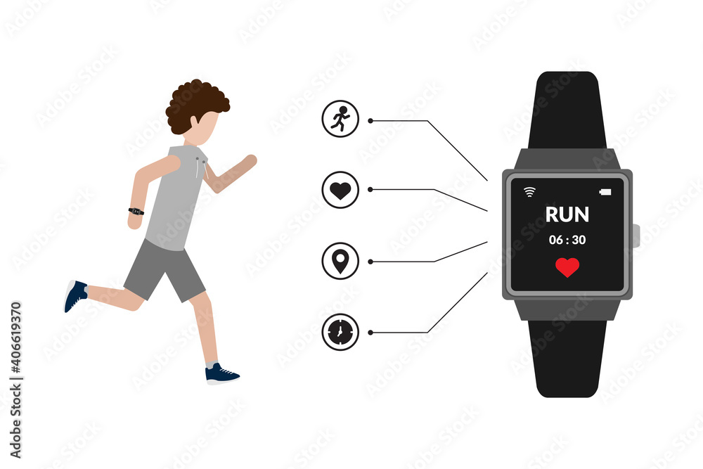 Fototapeta premium Wearable technology smart watch with man running vector illustration
