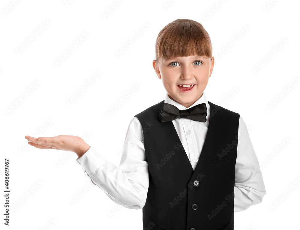 Little girl showing something on white background Little girl showing something on white background