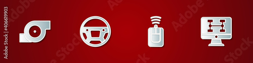 Set Automotive turbocharger, Steering wheel, Car key with remote and Diagnostics condition of car icon. Vector.