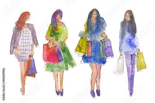 Hand drawn watercolor illustration. Four women in full growth.  Women with bags and packages in their hands. Purchases.