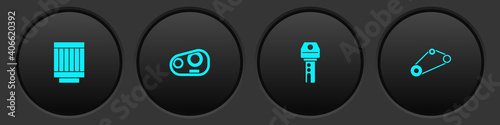 Set Car air filter, headlight, key with remote and Timing belt kit icon. Vector.