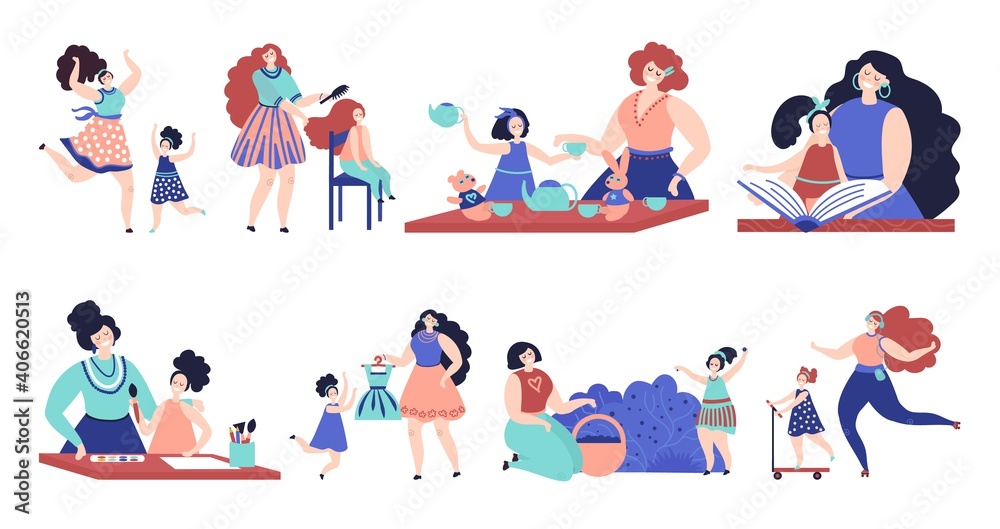 Mother and daughter. Woman love child, isolated family people hug. Fun motherhood, baby mom together playing, drawing reading vector set. Motherhood happy, woman and daughter illustration Mother and daughter. Woman love child, isolated family people hug. Fun motherhood, baby mom together playing, drawing reading vector set. Motherhood happy, woman and daughter illustration