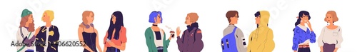 Set of modern male and female characters chatting or talking. Collection of young men and women meeting and communicating. Dialogs between people. Flat vector illustration isolated on white background