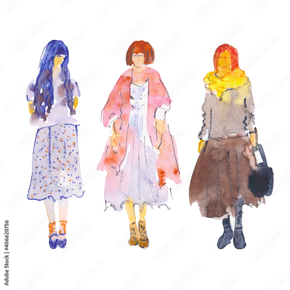 Hand drawn illustration: stylized people. Watercolor sketches. Three women fashionably dressed