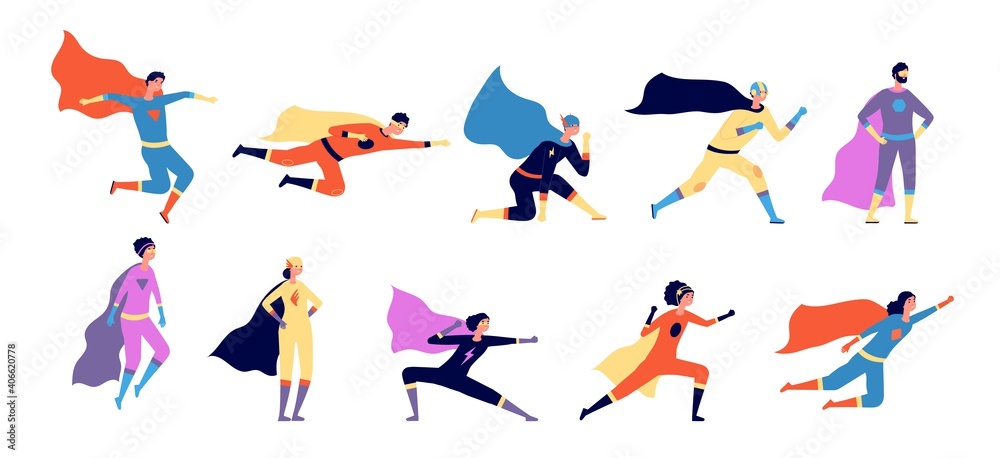 Superhero characters. Active hero, flying man woman in action. Cartoon power pose, flat people wear festival costume helmet utter vector set. Illustration hero justice, super heroic leadership