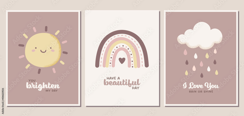 Weather themed greeting card set. Sun, rainbow, cloud, and raindrops in neutral pastel colors. Can be used for banners, nursery posters, covers, and more.