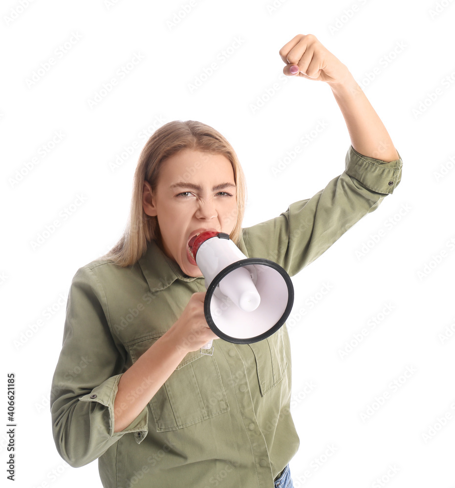 Protesting young woman with megaphone on white background Protesting young woman with megaphone on white background