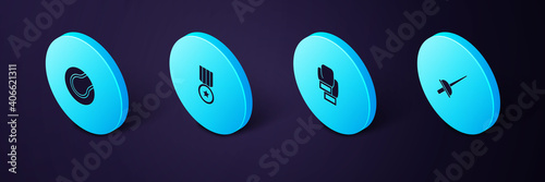 Set Isometric Fencing, Boxing glove, Medal and Tennis ball icon. Vector.