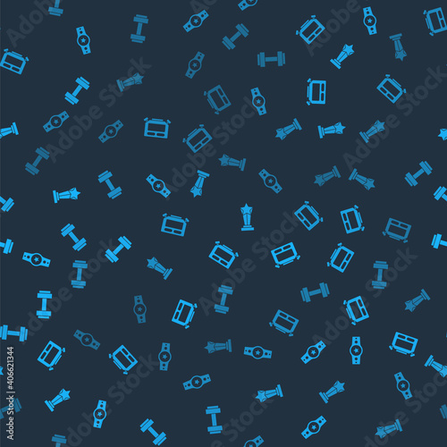 Set Boxing belt, Stopwatch, Award cup and Dumbbell on seamless pattern. Vector.