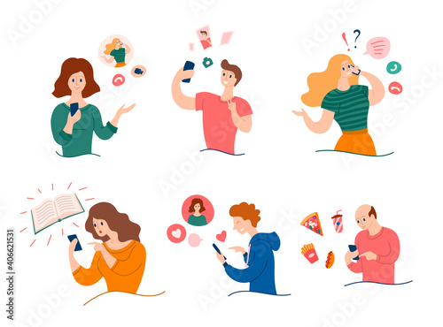 Cartoon Color Characters People Use Smartphones Set Concept. Vector