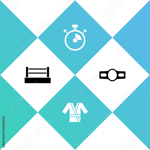 Set Boxing ring, Japanese costume Kimono, Stopwatch and belt icon. Vector.