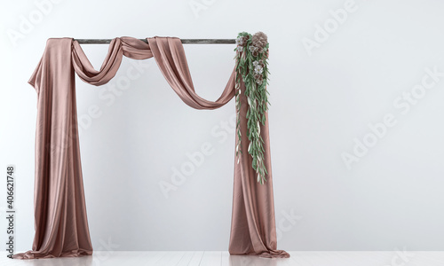 Fototapeta Naklejka Na Ścianę i Meble -  Mock up wedding gate on white wall on the wood table, white background, 3d render, 3d illustration