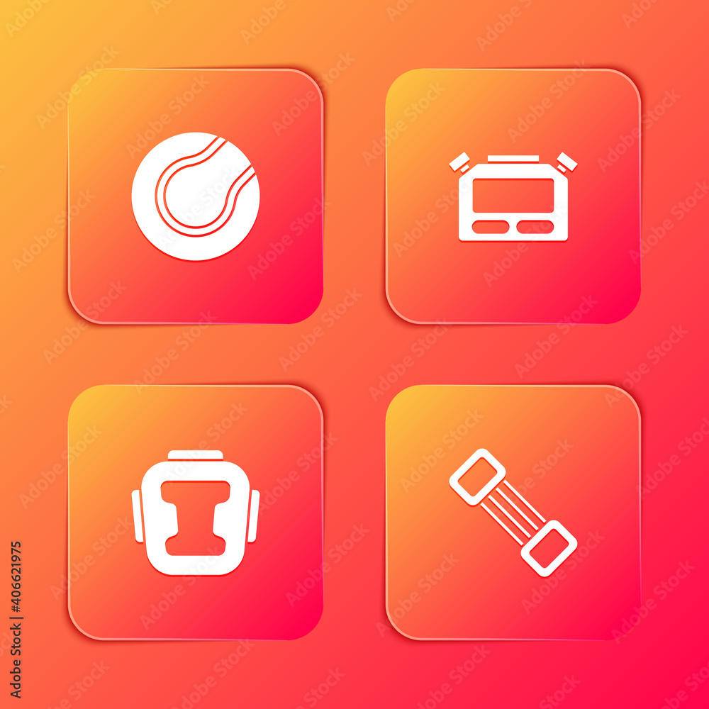 Set Tennis ball, Stopwatch, Boxing helmet and Chest expander icon. Vector. Set Tennis ball, Stopwatch, Boxing helmet and Chest expander icon. Vector.
