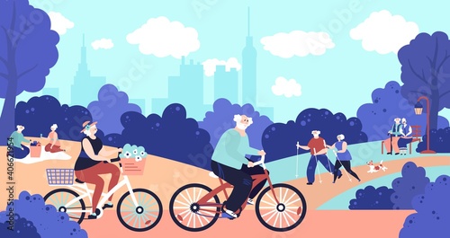 Old people in park. Active elderly, seniors walking dog on nature. Retired couple relax on picnic, hiking in city garden vector concept. Old senior, elderly active woman and man outdoor illustration