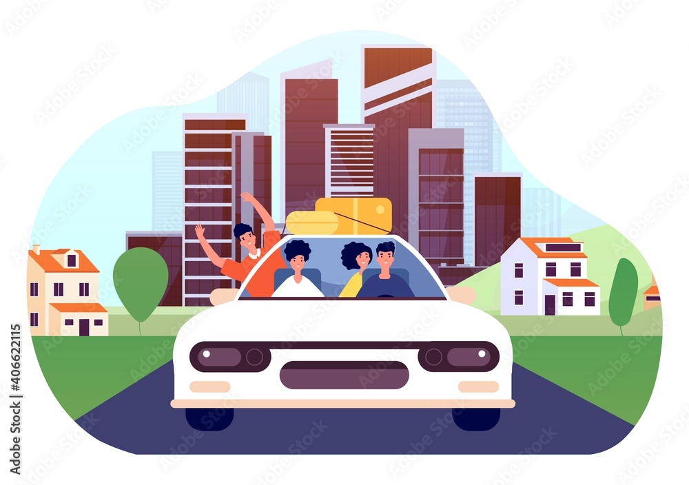 Friends car trip. Young excited drivers, joy man woman go to vacations. Auto tourism, road way from downtown to suburb utter vector concept. Trip driver weekend, transportation vacation illustration