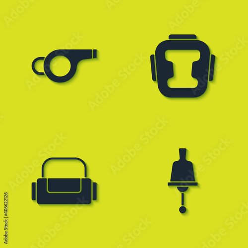 Set Whistle, Ringing bell, Sport bag and Boxing helmet icon. Vector.