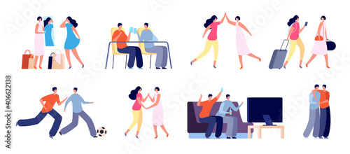 Students friends. Smiling teens, happy man woman together. Flat teenager friendship, girls on shopping man drinking beer utter vector scenes. Illustration woman and man smiling and celebrate