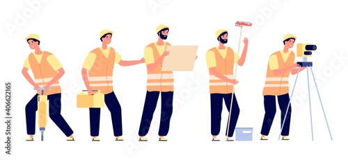 Builder in vests. Construction worker safety, engineers with smiling foreman. Flat men in protect, industrial persons utter vector concept. Worker man professional, building engineer illustration
