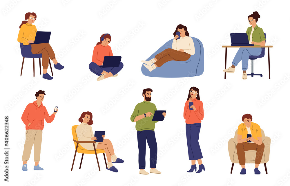 Fototapeta premium People chatting online. Smiling person with mobile phone, cartoon woman use internet. Communication in social media swanky vector set. People online chat, mobile social communication illustration