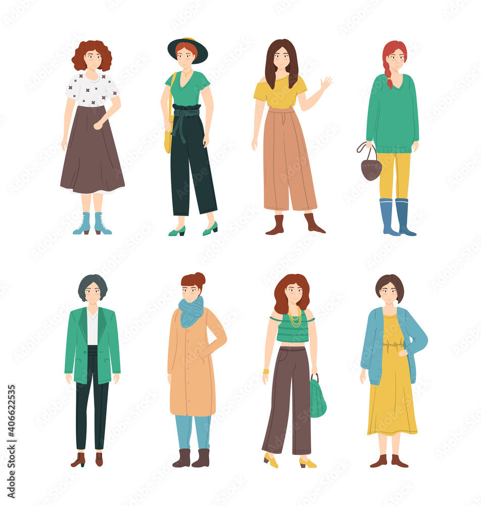 Cartoon Color Character Fashion Woman and Female Trendy Clothes Concept. Vector