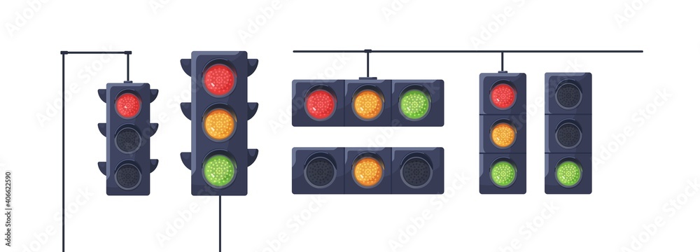 Set of traffic lights with red, yellow and green signals. Stoplights ...