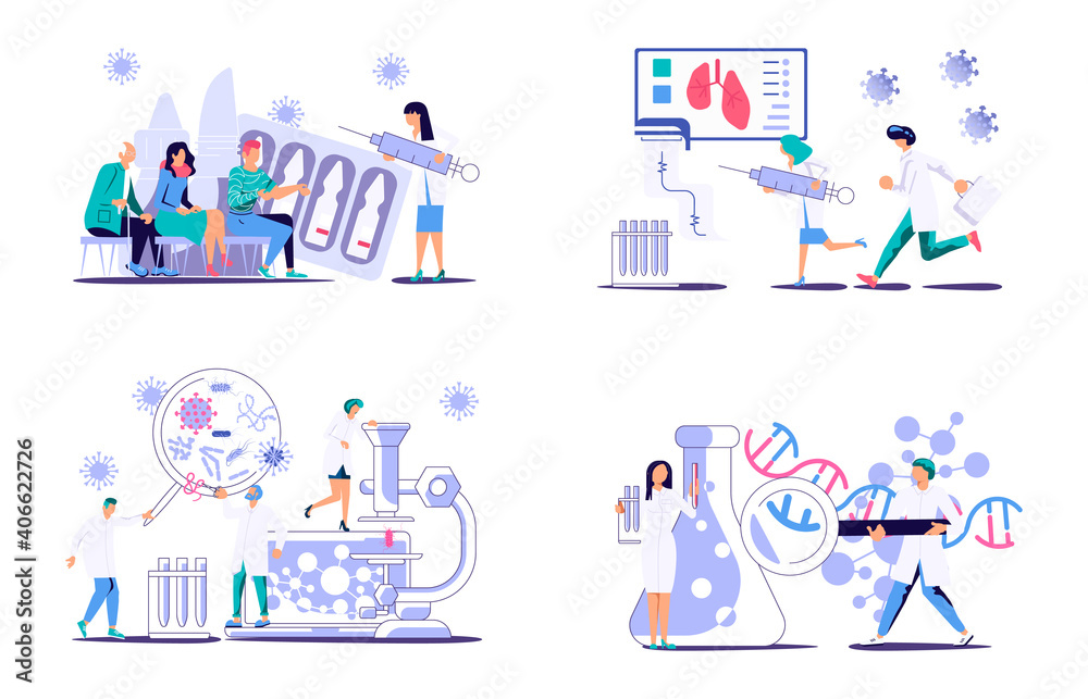 Set of fighting viruses concepts. Laboratory research or scientific development and vaccination against coronavirus for website banner and landing page. Flat Art Vector Illustration Set of fighting viruses concepts. Laboratory research or scientific development and vaccination against coronavirus for website banner and landing page. Flat Art Vector Illustration