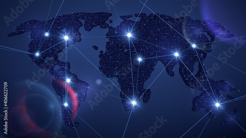 Shine world map. Multicultural network, information transfer between countries. International work, lights vector background. Shine network blue, glow futuristic digital glowing map illustration