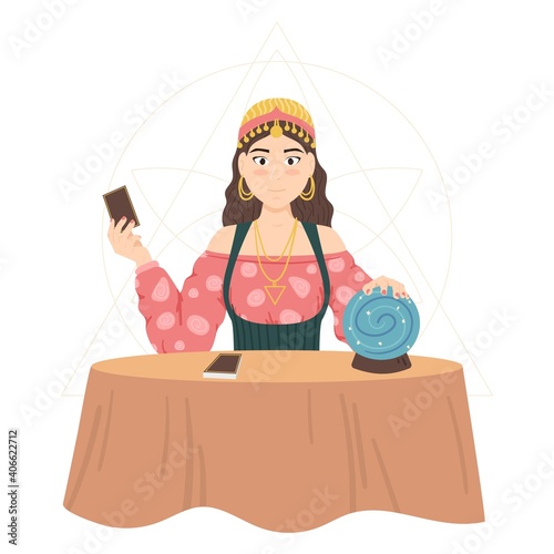 Cartoon Color Character Person Woman Fortune Teller Concept. Vector