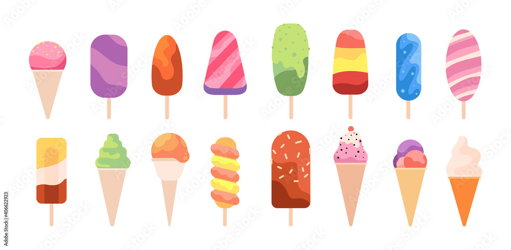 Popsicle ice cream. Summer creamy food, frozen sweet sticks. Isolated dessert snacks, fruits vanilla chocolate waffle cones utter vector set. Dessert vanilla, tasty gelato delicious illustration