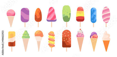 Popsicle ice cream. Summer creamy food, frozen sweet sticks. Isolated dessert snacks, fruits vanilla chocolate waffle cones utter vector set. Dessert vanilla, tasty gelato delicious illustration